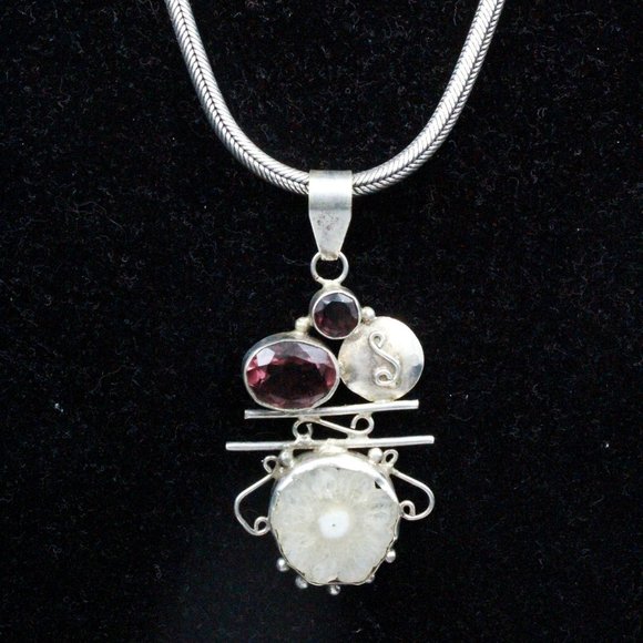 Sterling Silver 925 Purple Glass Sliced Quartz Modernist Pendant - Picture 9 of 10